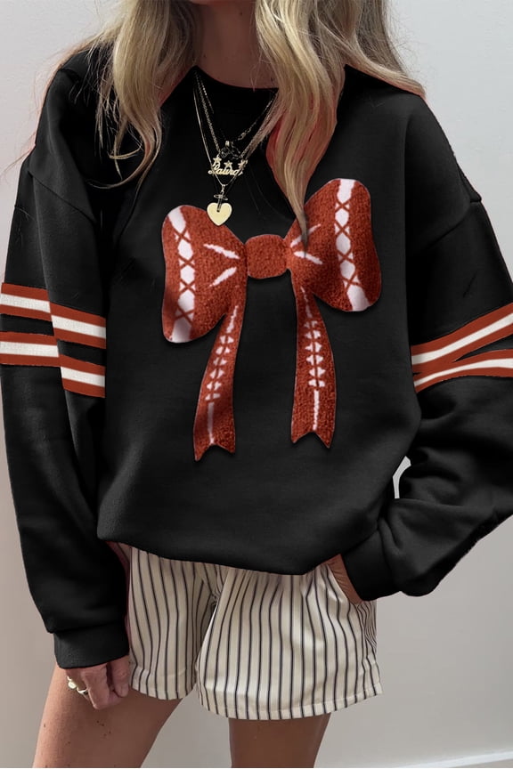 Black Varsity Baseball Bow Graphic Striped Sleeve Baggy Sweatshirt