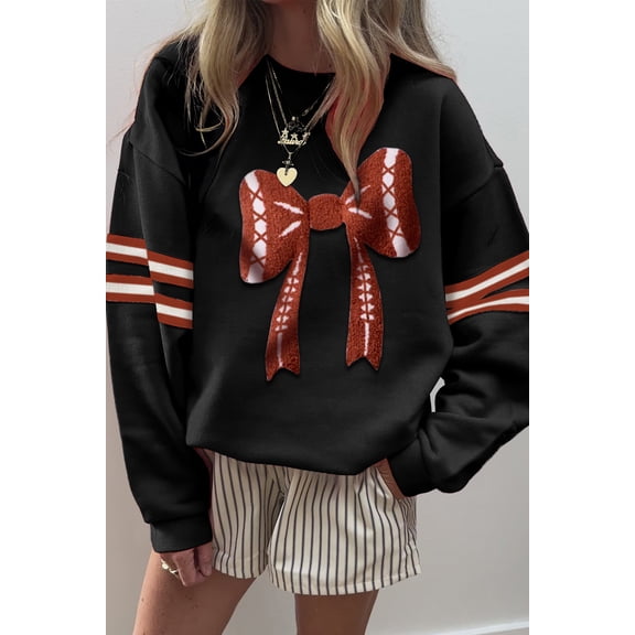 Black Varsity Baseball Bow Graphic Striped Sleeve Baggy Sweatshirt