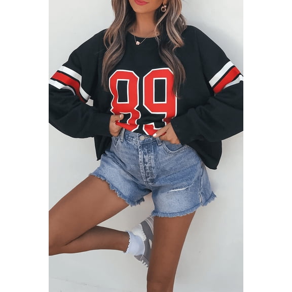 Black Varsity Spirit Striped 89 Graphic Casual Sweatshirt