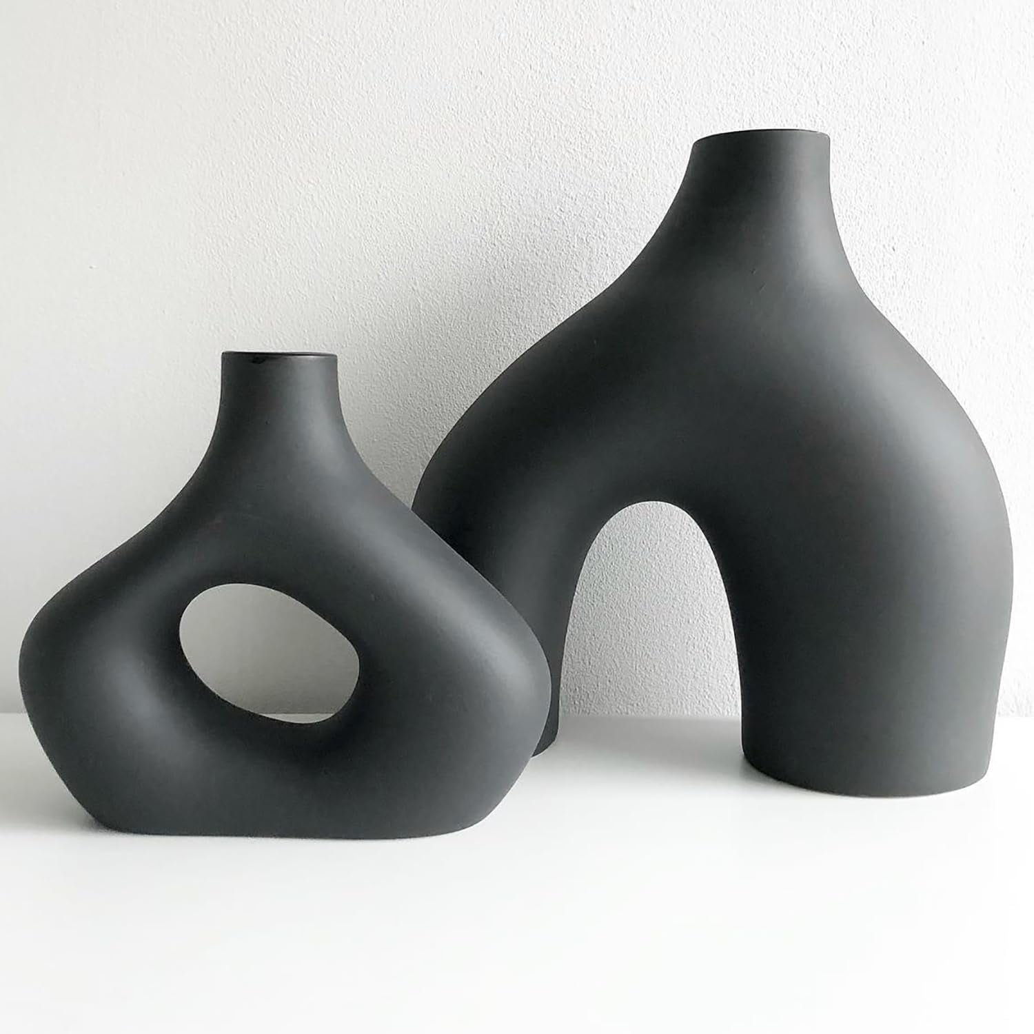 Black Vases Home Decor, Set of 2 Large Black Vase, Black Ceramic Vase, Boho Vase, Decorative Vase, Modern Farmhouse Decor, Tall Matte Black Vase for Living Room, Shelf, Mantel, Table, Fireplace Decor
