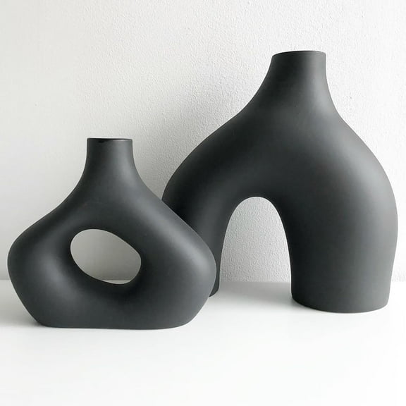 Black Vases Home Decor, Set of 2 Large Black Vase, Black Ceramic Vase, Boho Vase, Decorative Vase, Modern Farmhouse Decor, Tall Matte Black Vase for Living Room, Shelf, Mantel, Table, Fireplace Decor
