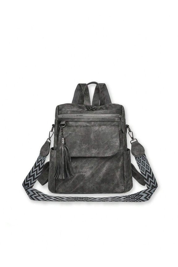 Black Vegan Leather Multi-Way Backpack With Tassel And Geometric Strap