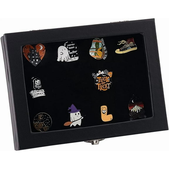 Black Velve Pin Badge Display Case Ring Storage Box Large Jewellery Display Box with Clear Window Shadow Rectangle Box Frame for Medals Badges Brooch Pin Earring Jewelry Display Black