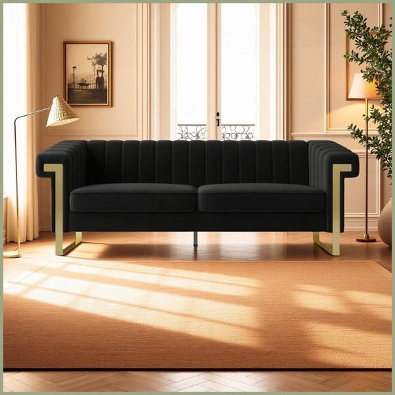 Black Velvet 3-Seater Chesterfield Sofa  Modern Luxury Living Room Couch with Gold Legs & Channel Tufting
