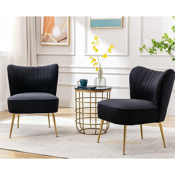 Black Velvet Accent Chairs Set of 2 with Golden Legs Upholstered Side Chairs Mid-Century Modern Slipper Chairs for Guest Room Comfy Armless Wingback Corner Single Sofa Living Room Chairs