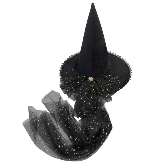 Black Velvet Adult Witch Hat with Starry Tulle Bow by Celebrate It