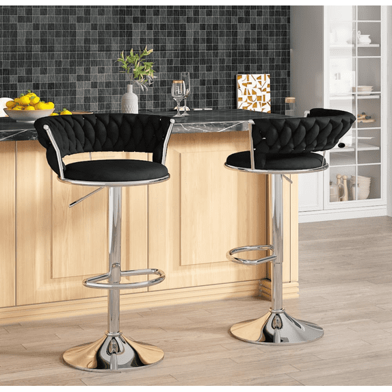 Black Velvet Bar Stools Set of 2 - Adjustable Height Swivel Kitchen Stools with Low Back for Dining Room, Breakfast Bar, Home Decor&Entertaining Guests