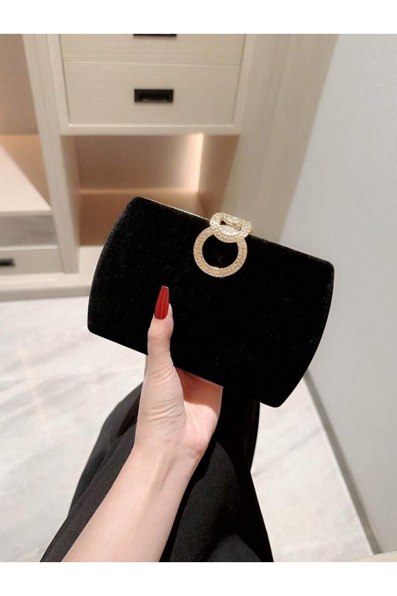 Black Velvet Box Clutch With Rhinestone Circle Clasp Evening Bag