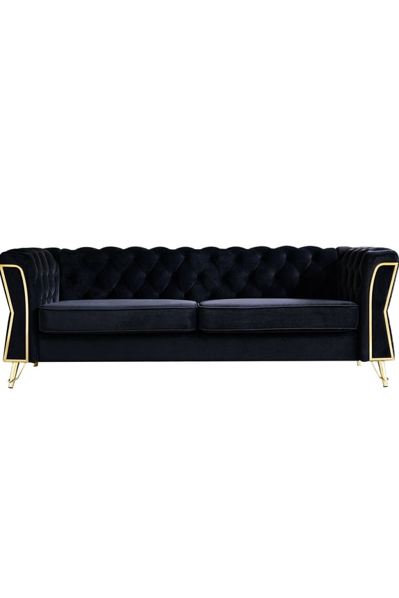 Black Velvet Chatting , 87.4 Inch, Back, Flared Arms, Solid Wood, High Foam Living Room Furniture, Inch ,