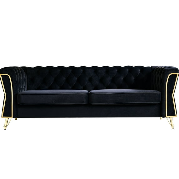 Black Velvet Chatting , 87.4 Inch, Back, Flared Arms, Solid Wood, High Foam Living Room Furniture, Inch ,