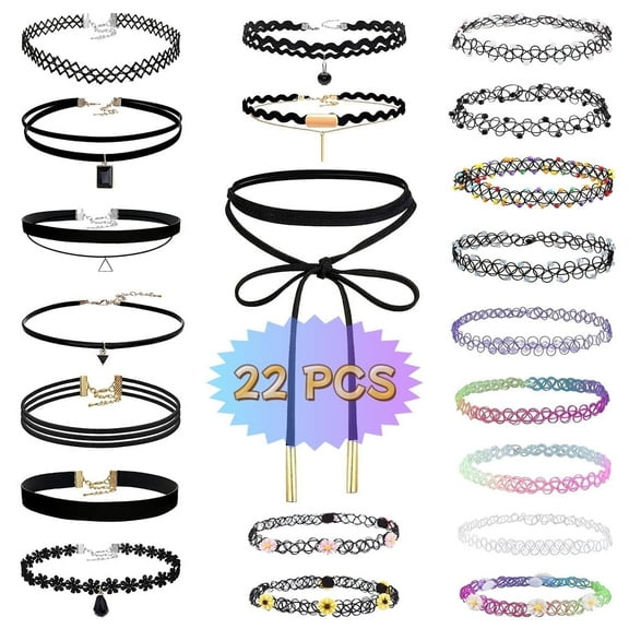 Black Tattoo Choker Necklace Velvet Choker Stretchy Choker 22 PCS for Women, Pendant Charm Chokers Henna Tattoo Stretch Elastic for Dress up