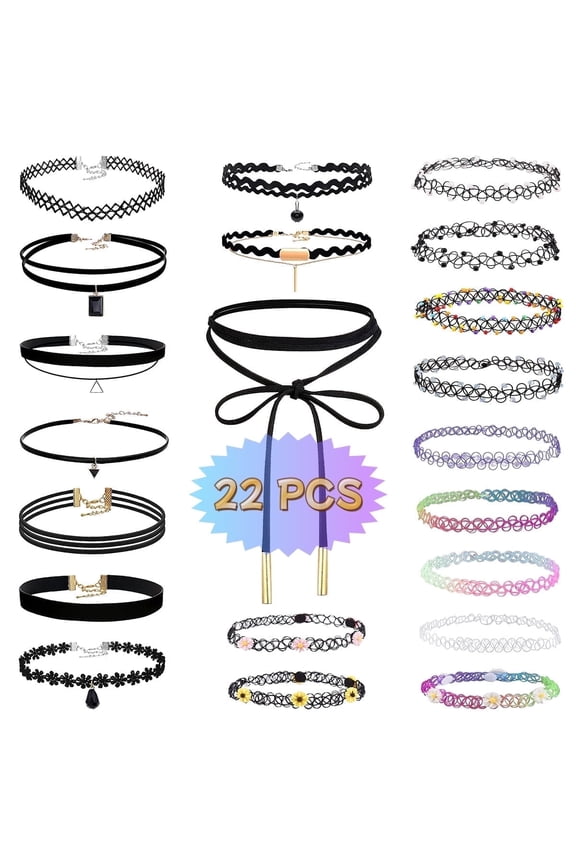 Black Tattoo Choker Necklace Velvet Choker Stretchy Choker 22 PCS for Women, Pendant Charm Chokers Henna Tattoo Stretch Elastic for Dress up