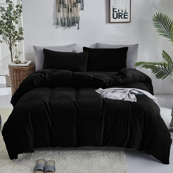 Black Velvet Comforter Set Cal King Men Plush Fluffy Black Bedding Set California King Minimalist Bedding Set Solid Modern Blanket Quilts Winter Warm Flannel Comforter Set
