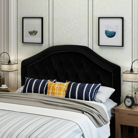 Black Velvet Contemporary Queen Headboard With Distinctive Button Accents A Touch And