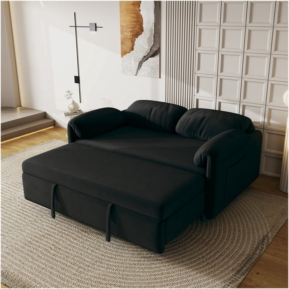 Black Velvet Convertible Sofa Bed for Living Room, 54" 2-Seater Pull Out Sleeper with Storage, Easy Assembly Modern Futon