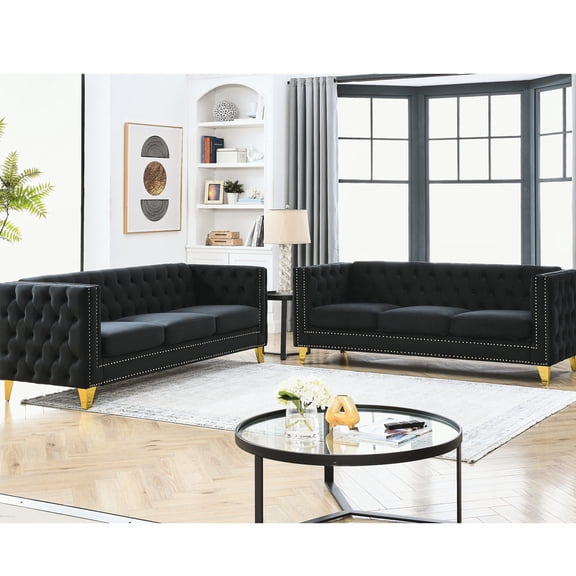 Black Velvet Couch with Nailhead Trim, Ergonomic Design / Comfortable Seating for All - Day Relaxation