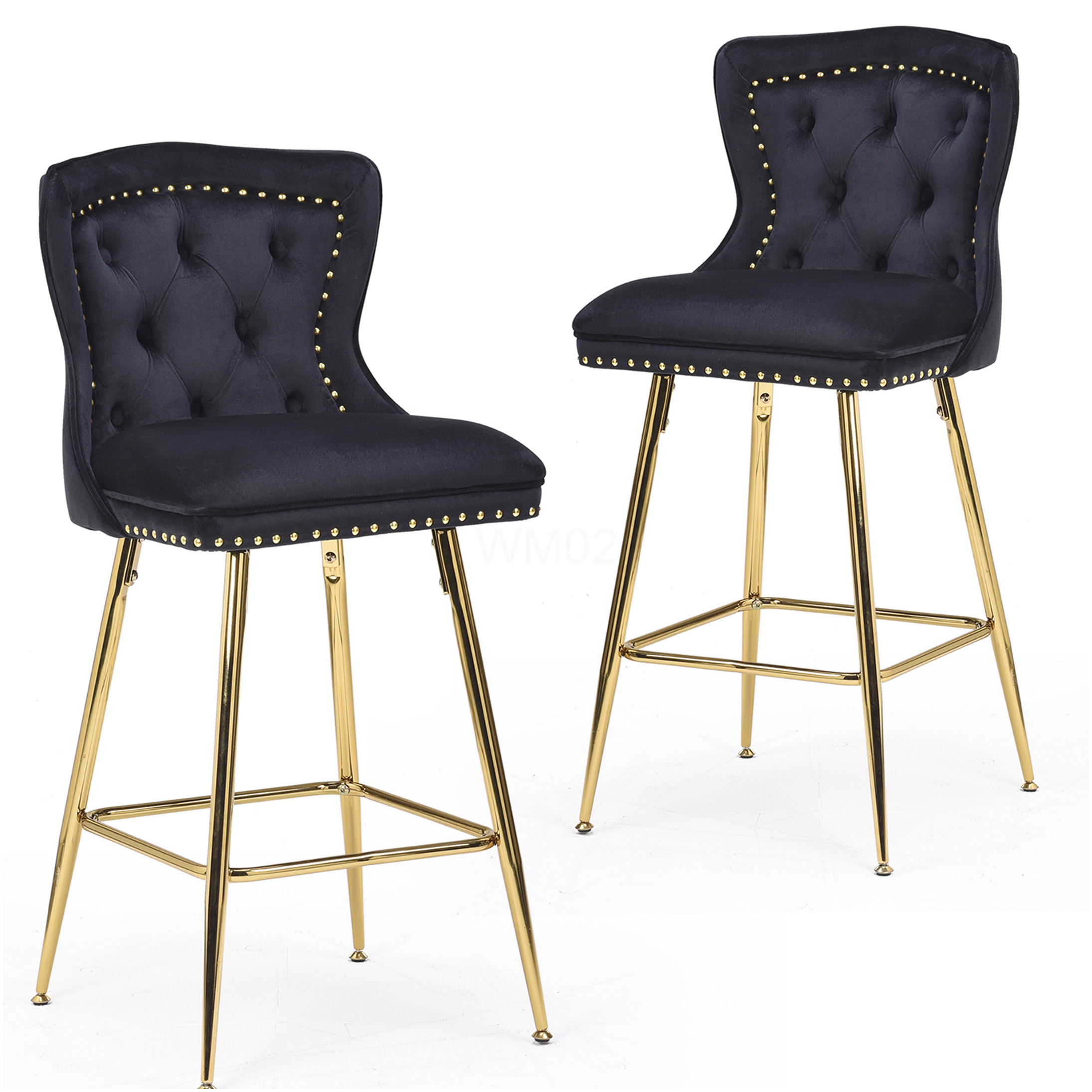 Black Velvet Counter Stools Set of 2 with Gold Metal Legs, Button ...
