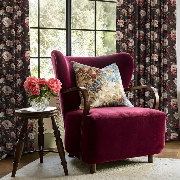 Rust Red Velvet Curtains 84" Long with Printed Floral Vintage Design, Thermal Insulated Privacy Drapes, 2 Panels