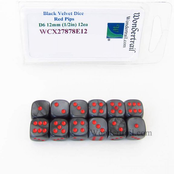 Black Velvet Dice with Red Pips 12mm (1/2in) D6 Set of 12 Wondertrail
