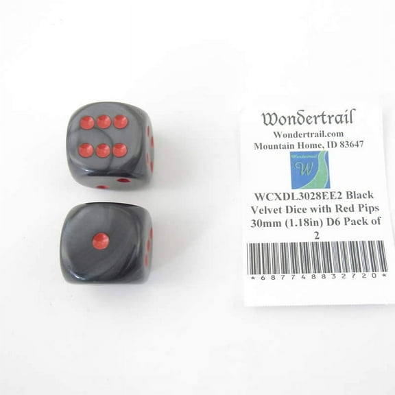 Black Velvet Dice with Red Pips 30mm (1.18in) D6 Pack of 2 Wondertrail