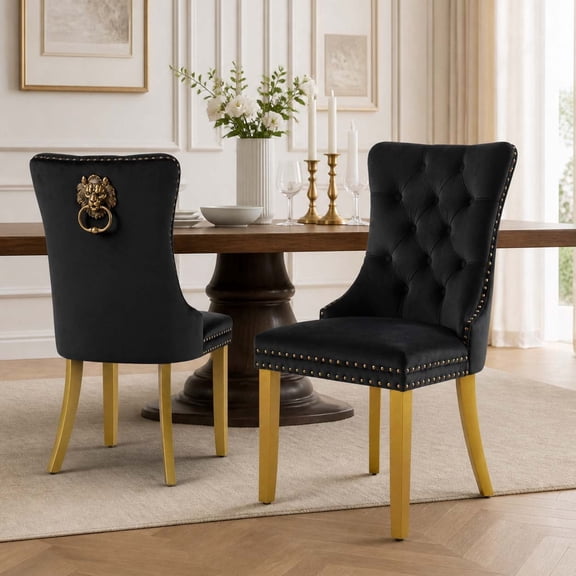 Black Velvet Dining Chairs Set of 2, Mid-Century Modern Tufted Side Chairs with Solid Gold Legs & Lion Head Pull Ring