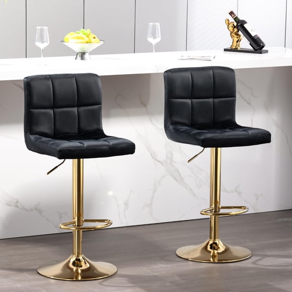 Black Velvet & Gold Base Swivel Bar Stools Set Of 2, Adjustable Height, Footrest, Tufted Cushion, Modern Glam Design