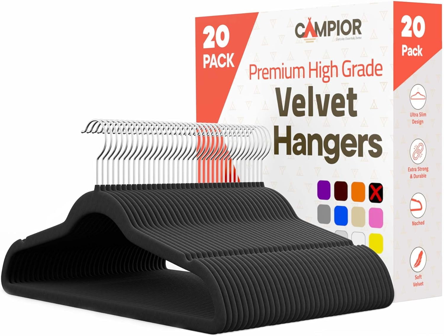 Black Velvet Hangers 20 Pack – Heavy-Duty 10 lbs Capacity, 360° Swivel Hook, Non-Slip & Space-Saving Design – Smooth Velvet Finish for Crease-Free Clothes & Effortless Closet Organization