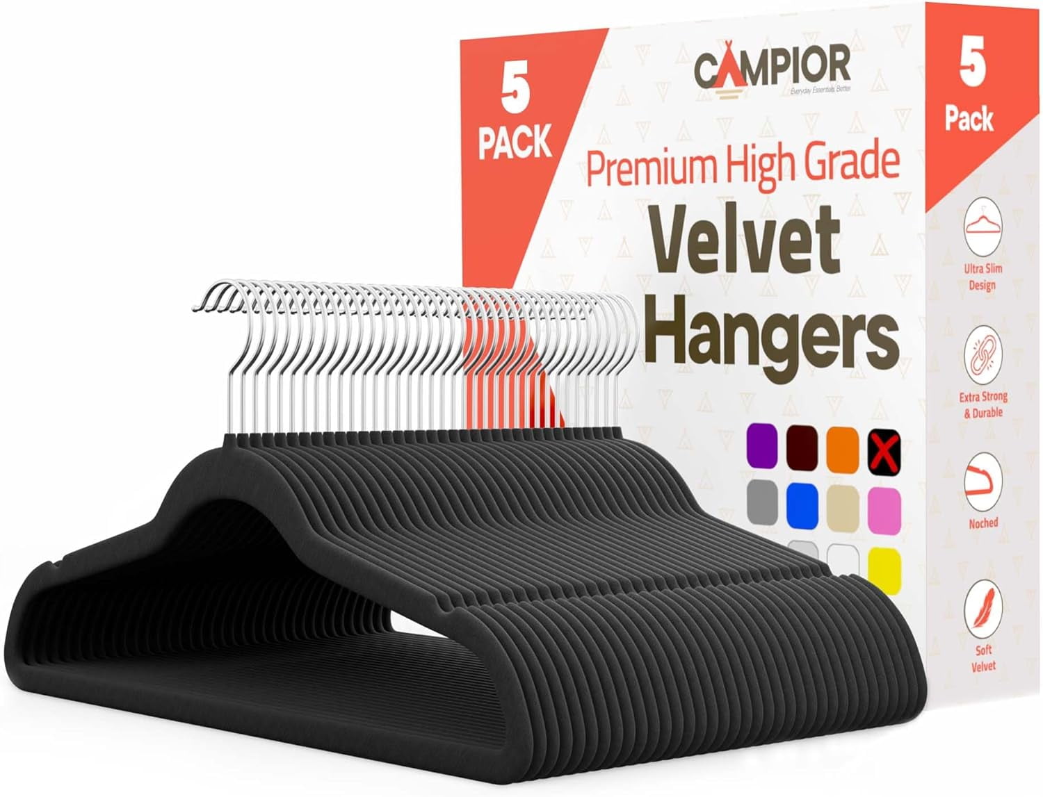 Black Velvet Hangers 5 Pack – Heavy-Duty 10 lbs Capacity, 360° Swivel Hook, Non-Slip & Space-Saving Design – Smooth Velvet Finish for Crease-Free Clothes & Effortless Closet Organization