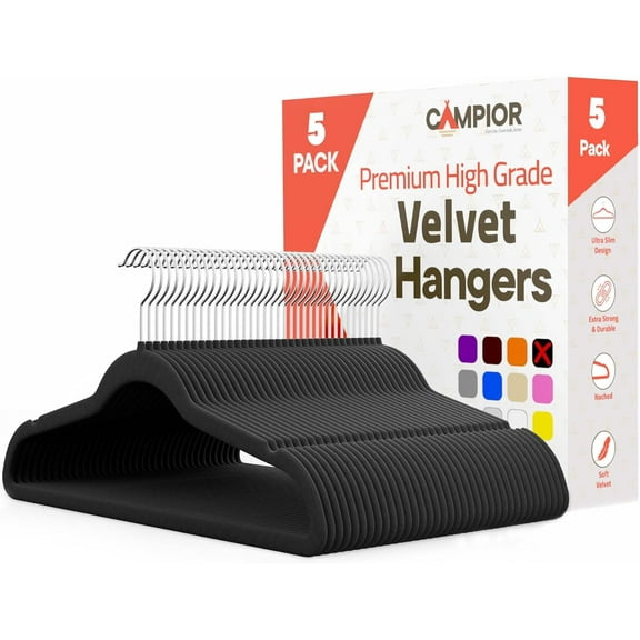 Black Velvet Hangers 5 Pack – Heavy-Duty 10 lbs Capacity, 360° Swivel Hook, Non-Slip & Space-Saving Design – Smooth Velvet Finish for Crease-Free Clothes & Effortless Closet Organization