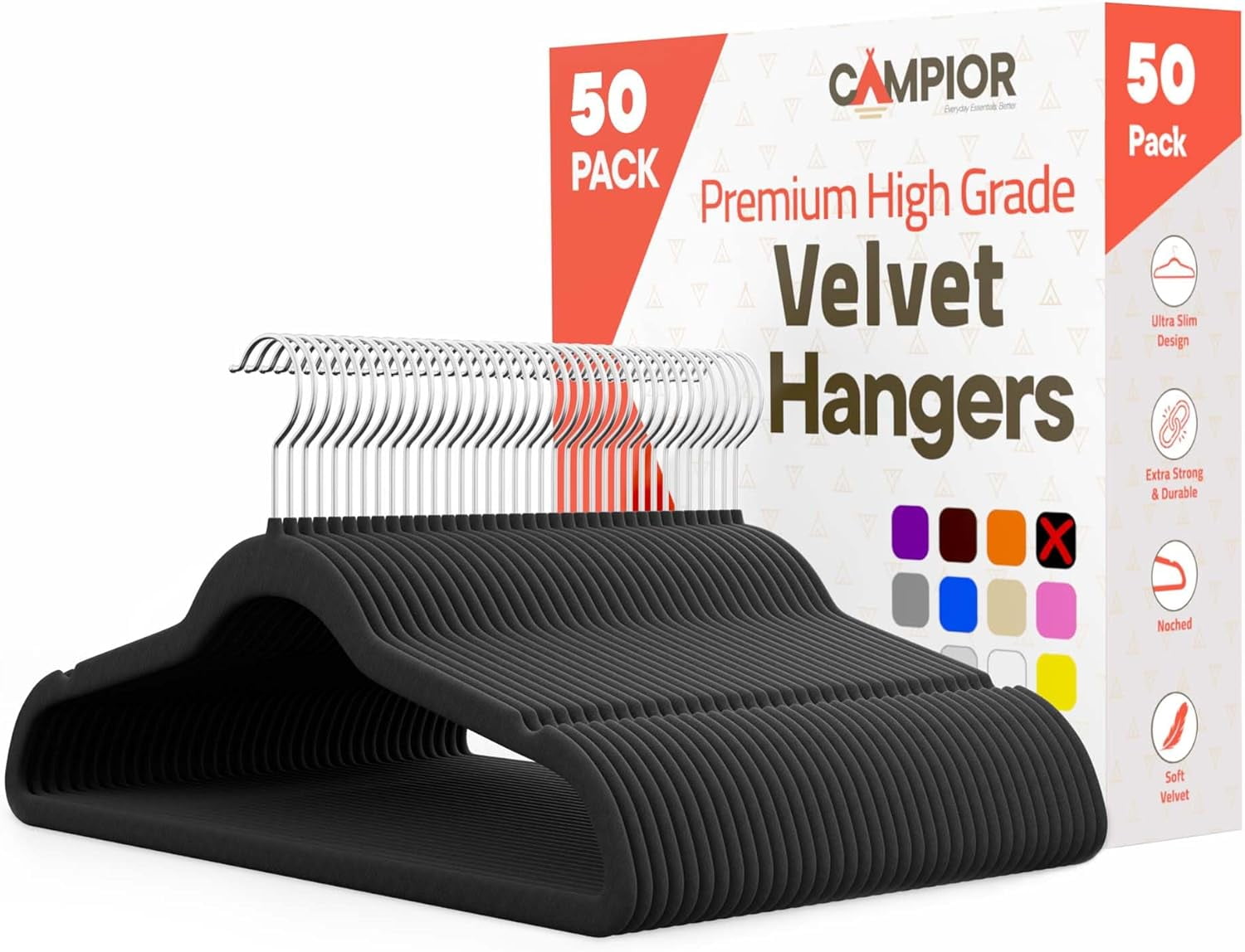 Black Velvet Hangers 50 Pack – Heavy-Duty 11 lbs Capacity, 360° Swivel Hook, Non-Slip & Space-Saving Design – Smooth Velvet Finish for Crease-Free Clothes & Effortless Closet Organization