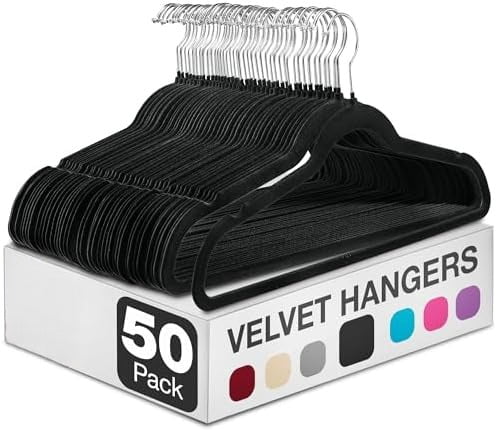 Black Velvet Hangers 50 Pack - Clothes Hangers, Coat Hanger for Pants & Dress Clothes - Non Slip w/ 360 Degree Swivel, Holds up to 10 lbs - Strong Felt Hanger for Clothing