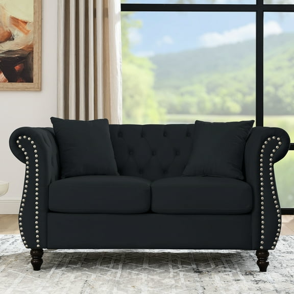 Black Velvet For Living Room, Bedroom - 58.8" 2 Seater With Rolled Arms, Nailhead Trim, Ergonomic Design, Pillows Comfortable Sitting Person Couch Bedroom, Office Design Included