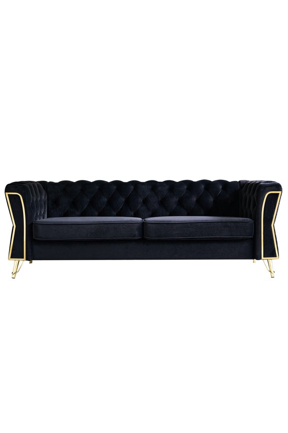 Black Velvet Living Room Couch, 87.4 Inch, , Flared Arms, Solid Wood Frame, High Foam Fill Modern For Room, Inch Velvet, Back, Foam, Chic Design