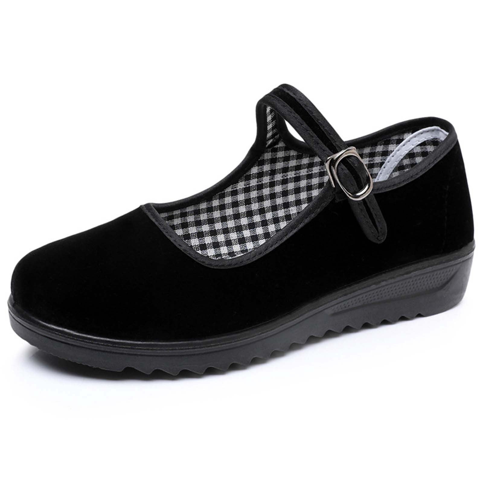 Black Velvet Mary Jane Shoes for Women Dance Flat Beijing Cloth Walking Shoes