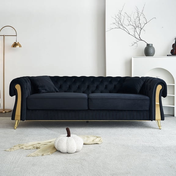 Black Velvet, Modern Design - Unique Armrest and Embroidery - Main Living Space - Sofa with Durable Construction