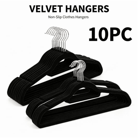 MegaLove Black Velvet Non‑Slip Clothes Hangers, 10 Pack, Space Saving Heavy Duty Hangers for Closet Storage