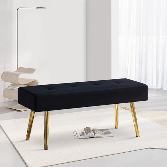 Black Velvet Upholstered Dining Bench with Tufted Design and Sturdy Metal Legs, Simple Ottoman Bench for Kitchen