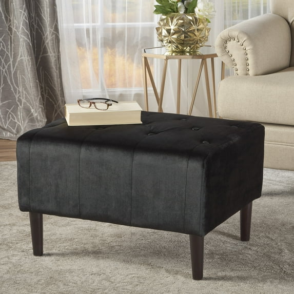 Black Velvet Ottoman Foot Rest for Living Room, Tufted Upholstered Footstool with Birch Wood Legs
