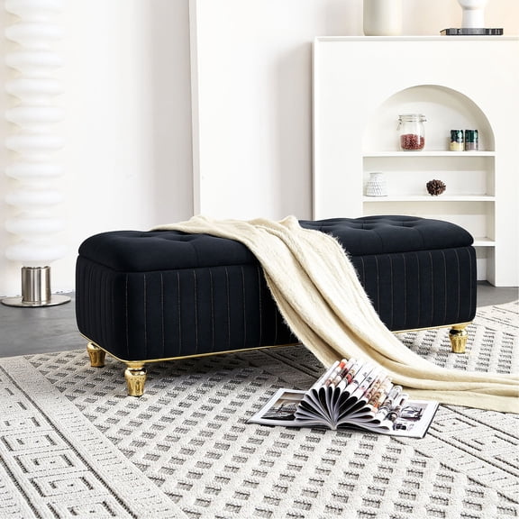 Black Velvet Ottoman with Sturdy Metal Legs and Foot Pads / Storage Bench for Living Room to Prevent Sliding