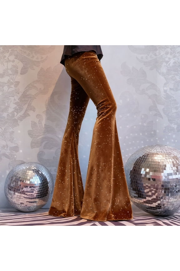 Black Velvet Pants Women - Black Bell Bottoms for Women - Women's Fashionable Solid Color Vintage Velvet Flare Pants High Waist Stretchy Pant Casual Bell Bottom Brown Size:M