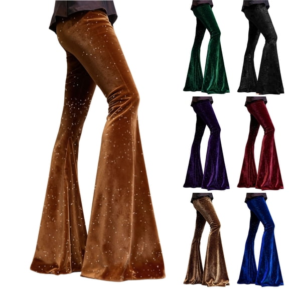 Black Velvet Pants Women - Black Bell Bottoms for Women - Women's Fashionable Solid Color Vintage Velvet Flare Pants High Waist Stretchy Pant Casual Bell Bottom Black Size:L