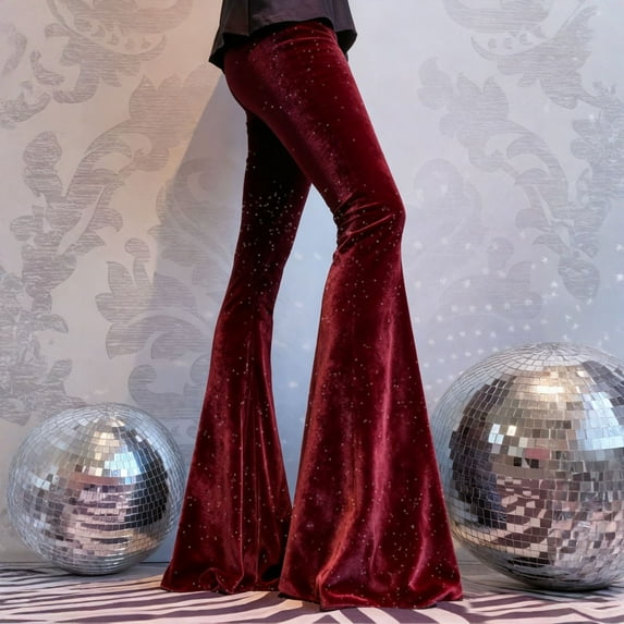 Black Velvet Pants Women - Black Bell Bottoms for Women - Women's Fashionable Solid Color Vintage Velvet Flare Pants High Waist Stretchy Pant Casual Bell Bottom Wine Size:S