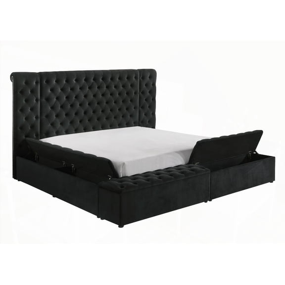 Black Velvet Plush Tufted Headboard Queen Bed - Create a Bedroom Sanctuary with Concealed Storage