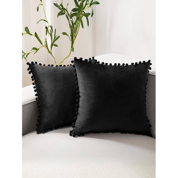 Black Velvet Pom Pom Trim Decorative Throw Pillow Cover 18 X 18 Inches ...