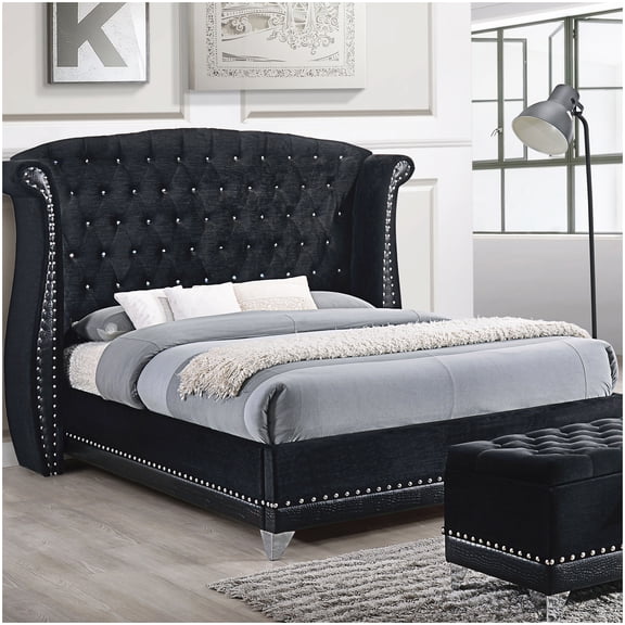 Black Velvet Queen Bed, Wingback Tufted Headboard with Rhinestones and Chrome Nails for Glamour Style Bedroom