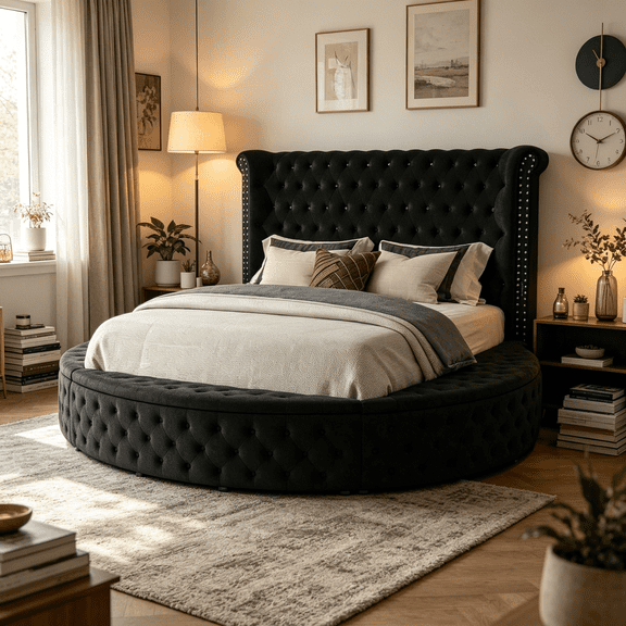Black Velvet Round King Bed with Storage, Wingback Tufted Headboard, USB Ports, Modern Glam Bedroom Furniture