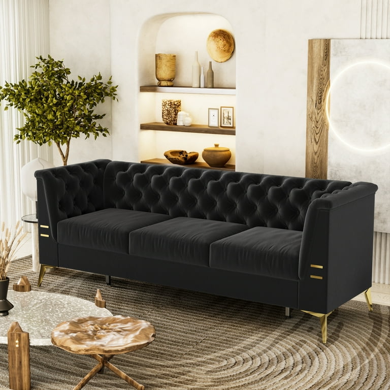 Black Velvet Sofa 82 3 Seat And Couch Upholstered For Living Room Modern Futon Tufted With Gold Metal Legs Accent Arm Furniture Home Apartment Com