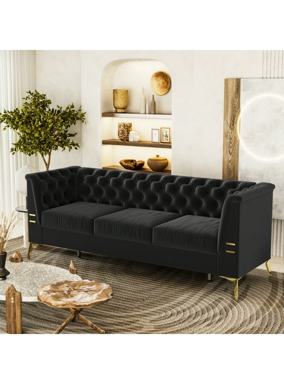 Black Velvet Sofa, 82" 3-Seat Sofa and Couch, Velvet Upholstered Couch for Living Room, Modern Futon Tufted Sofa with Gold Metal Legs, Accent Arm Sofa Furniture for Home Apartment