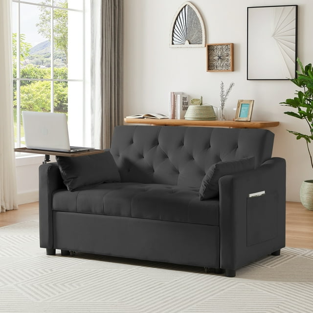 Black Velvet Sofa Bed, Convertible Sofa with Solid Wood Frame, 3