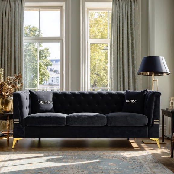 Black Velvet Sofa Couch, 83" Modern Button-Tufted Sofa with 2 Pillows & Gold Legs, Chesterfield Sofa Couch Upholstered 3 Seater Couches, Large Sectional Couch, Deep Seat Sofa for Living Room